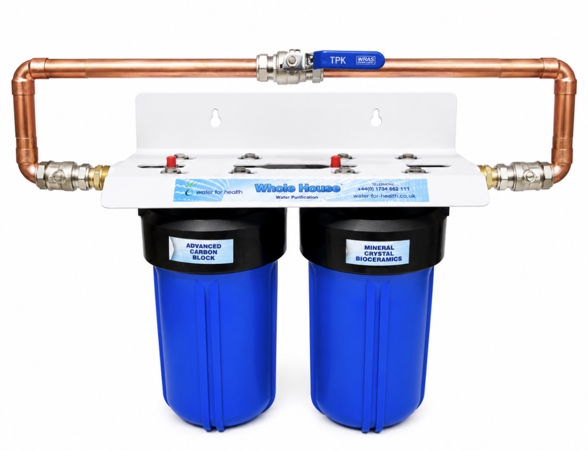Large whole house dual water filter system with copper pipework